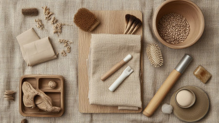 Recyclable packaging for unbranded beauty products arranged on natural linenの素材