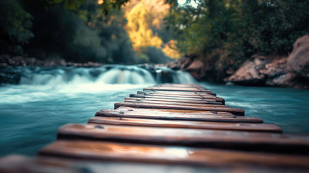 Rustic wooden plank footpath across a mountain streamの素材