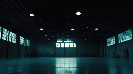 Wide-angle view of empty warehouse lit by high bay lights and overhead windowsの素材