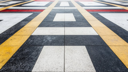 Straight concrete walkway with geometric patterns in a public squareの素材