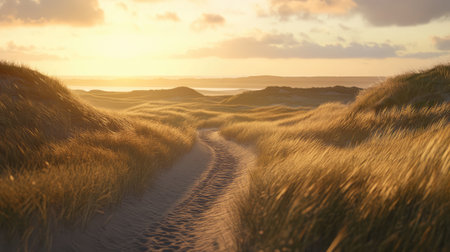 Soft sand trail winding through grassy dunes under golden hour lightの素材