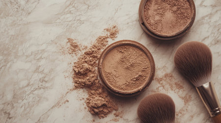 Unbranded compact powders and brushes laid out neatly on a neutral textured backgroundの素材