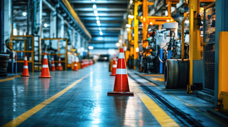 Safety signs, cones, and marked pathways on a clean warehouse floorの素材