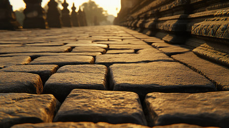 Traditional stone-paved footpath leading to a distant temple or shrineの素材
