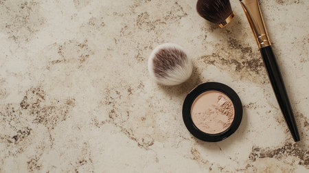 Unbranded compact powders and brushes laid out neatly on a neutral textured backgroundの素材