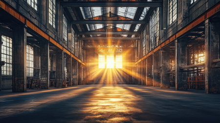 Wide open warehouse space with large industrial fans and natural light streaming inの素材