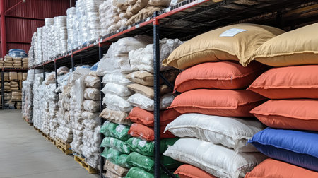 Stocked inventory items on mesh wire racks inside an industrial warehouseの素材