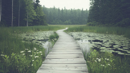 Wooden boardwalk-style footpath stretching across a quiet wetlandの素材