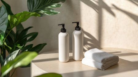 Simple unbranded shampoo and conditioner bottles in a modern shower settingの素材