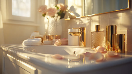 Unbranded cosmetics with rose petals and gold decor items on a vanity counterの素材