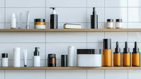 Variety of beauty containers with minimalist design and no labels on white tilesの素材