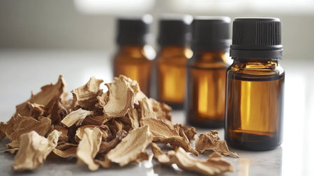 Unbranded essential oils in amber bottles next to dried botanicals on neutral backgroundの素材