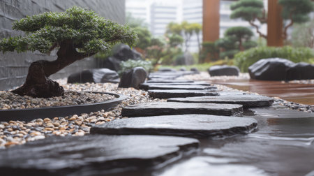 Wet stone path through a Japanese garden with raked gravel and bonsai treesの素材