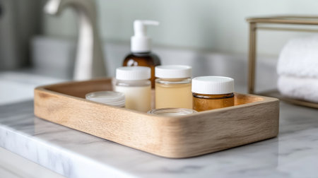 Wooden tray holding jars of cream and essential oils on a marble bathroom counterの素材