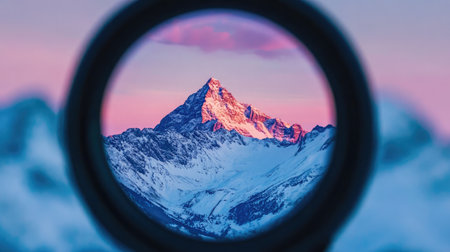 Morning mountain range framed through camera screen with lens set for landscape modeの素材
