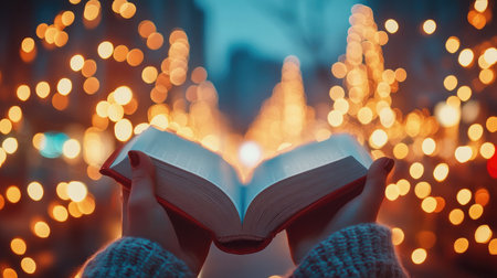 Book clutched between thumb and fingers with dramatic lighting and blurred backgroundの素材