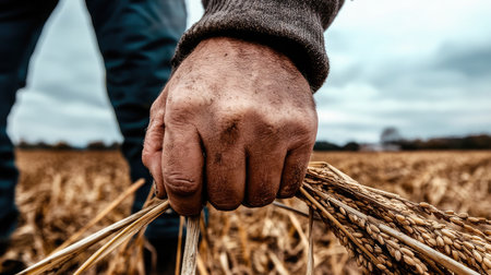 A firm grip on freshly harvested rice stalks against the backdrop of a cloudy skyの素材