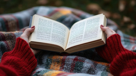 A hand holds a slim poetry book open, lying across a plaid picnic blanket in the parkの素材