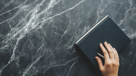 Flat lay with hand holding small book on a marble tabletop with pen and notepadの素材