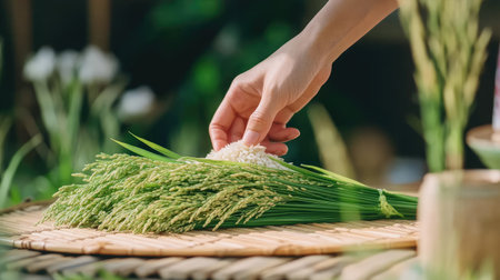Hand gripping freshly cut rice stalks on top of a bamboo mat laid on the groundの素材