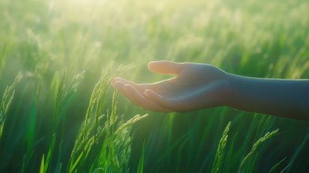Hand gently gripping fresh green rice stalks with blurred field background and soft sunlightの素材
