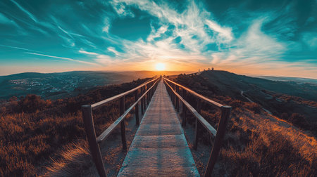 Wide path leading to scenic overlook with camera gear placed to capture sun-drenched peaksの素材