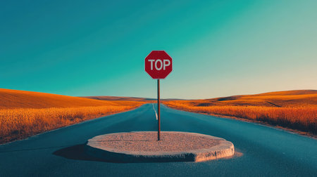 A stop sign standing alone at a rural intersection under a clear blue skyの素材