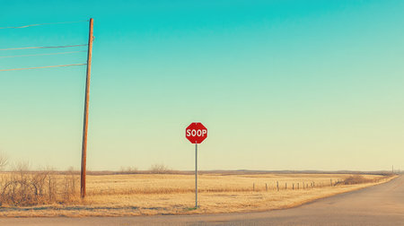 A stop sign standing alone at a rural intersection under a clear blue skyの素材