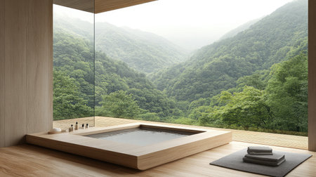 Bathtub on elevated platform in modern room facing pristine natural mountain viewの素材