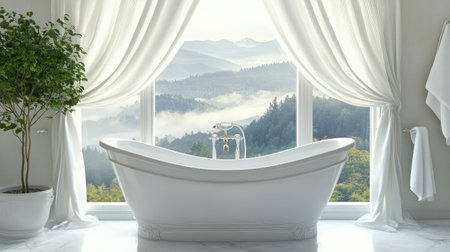 Elegant white bathtub beside an open window with a scenic view of foggy mountains and valleyの素材