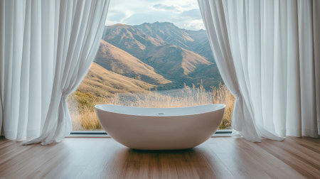 Bright and airy room with a deep tub and stunning mountain view through wide windowsの素材