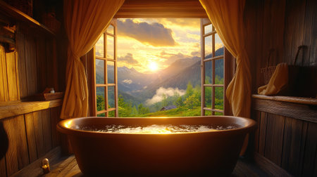 Cozy chalet-style bathroom with warm wood tones and tub framing a breathtaking mountain sunsetの素材