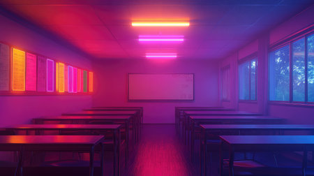 Classroom lit by soft LED lighting with colorful charts pinned on corkboardsの素材