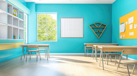 Empty math classroom with graph boards, rulers on desks, and geometric shapes on shelvesの素材