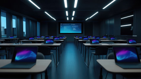 High-tech class setup with digital tablets on desks and smart screen at frontの素材
