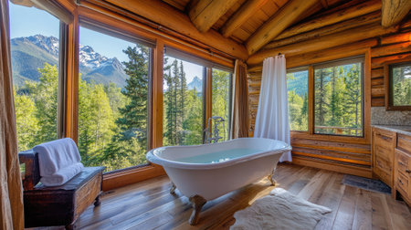 Indoor soaking tub on wood floors in mountain cabin with glass wall viewの素材