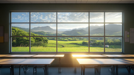 Large window in classroom reveals green landscape, light falling on empty desksの素材