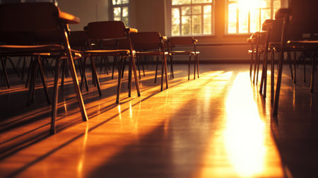 Empty classroom at sunset, casting golden shadows across the floor and desksの素材