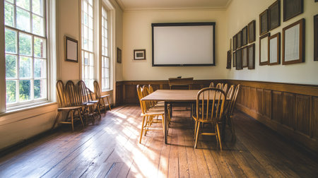 Empty room with overhead projector, teacher's desk, and stacked chairsの素材