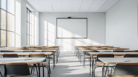Minimalist classroom with clean white walls, simple desks, and a projector mounted on the ceilingの素材