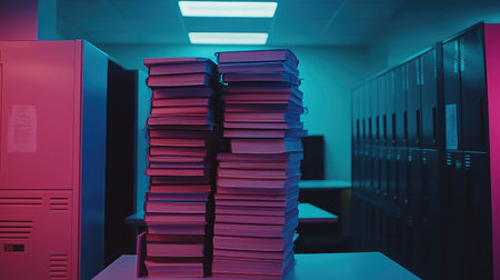 High school classroom with textbooks stacked on desks and lockers in the backの素材