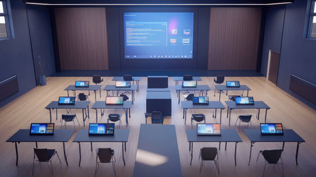 High-tech class setup with digital tablets on desks and smart screen at frontの素材