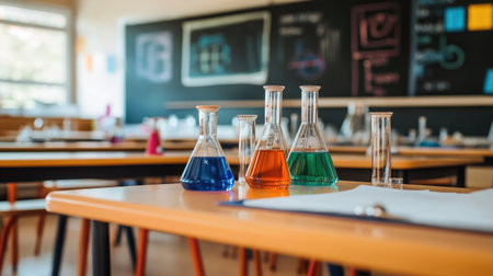 Organized high school classroom with chemistry posters, lab stools, and a clean blackboardの素材