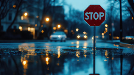 Red stop sign in heavy rain with puddles forming around roadsideの素材