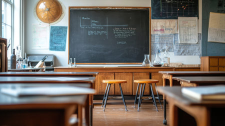 Organized high school classroom with chemistry posters, lab stools, and a clean blackboardの素材