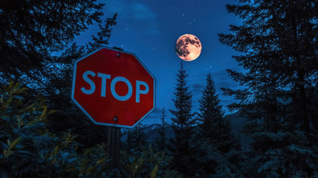 Nighttime stop sign under full moon with silhouette trees in backgroundの素材