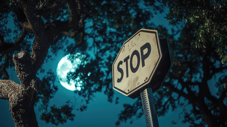 Nighttime stop sign under full moon with silhouette trees in backgroundの素材