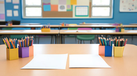 Neatly arranged art supplies and paper on desks in an elementary art classの素材