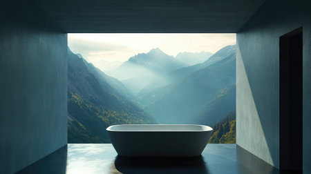 Minimal bath with bright daylight illuminating a tub and soft mountain shadowsの素材