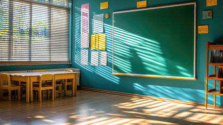 Spacious classroom with large green chalkboard, hardwood floors, and sunlight streaming through blindsの素材